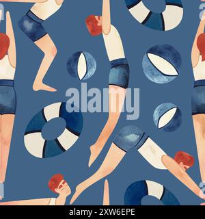 Nahtloses Muster mit schwebenden Männern im Vintage-Stil. Schwimmen. Aquarellabbildung auf blauem Hintergrund Stockfoto