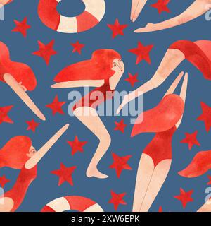 Nahtloses Muster mit schwebenden Frauen im Vintage-Stil. Schwimmen. Aquarellabbildung auf blauem Hintergrund Stockfoto