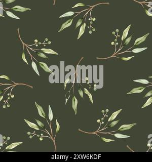 Nahtloses Muster mit grünen Eukalyptusblättern und grünen Beeren. Botanischer Naturdruck für Textildesign. Aquarell isolierte Illustration auf Dunkelheit Stockfoto