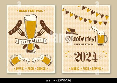 Set mit Oktoberfest-Retro-Plakaten. Vektor. Bierkrug mit Malz, deutscher traditioneller Hut, gebratene Wurst, gegrillt, Wimpel, auf eine Gabel gespießt. Stock Vektor