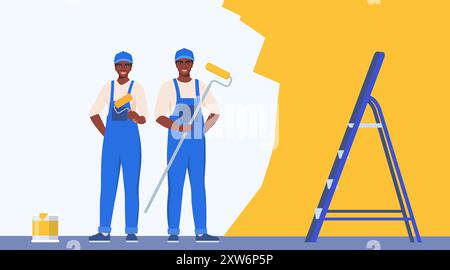 Maler schwarze Frau und Mann malen Hauswand mit Pinsel. Dekorateur, Innenrenovierungsservice. Vektorabbildung Stock Vektor