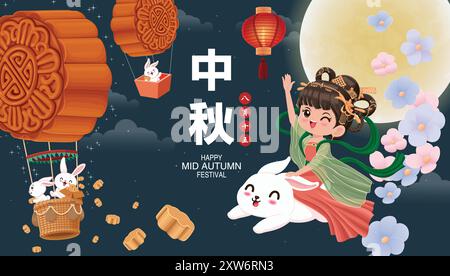 Vintage Mid Autumn Festival Poster Design chinesische Göttin des Mondes, Hase Charakter. Übersetzung: Mid Autumn Festival, Fünfzehn August. Stock Vektor