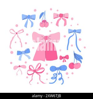 Runde Komposition aus rosa und blauer Schleife mit Kirschen und Polka Dots, vor weißem Hintergrund in einem niedlichen, skurrilen Stil. Vektorhandgezeichnete illu Stock Vektor