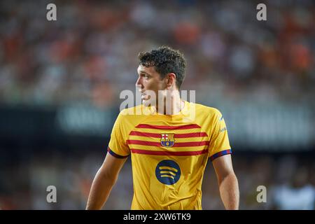 Valencia, Spanien. August 2024. Andreas Christensen vom FC Barcelona wurde während des Spiels zwischen Valencia CF und dem FC Barcelona im Mestalla-Stadion gezeigt. Endstand; Valencia CF 1:2 FC Barcelona. (Foto: Vicente Vidal Fernandez/SOPA Images/SIPA USA) Credit: SIPA USA/Alamy Live News Stockfoto