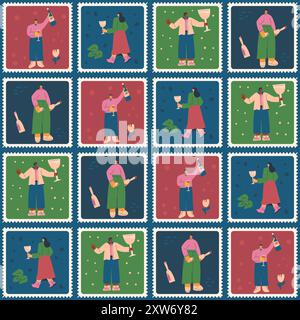 Farbenfrohe Muster von illustrierten Briefmarken mit Personen, die Weinflaschen und Gläser halten und in festlicher Atmosphäre feiern. Patchwork Vektor Hand d Stock Vektor