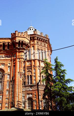 Blick auf den Backsteinturm der privaten Fener Greek High School - eines der schönsten Gebäude in Istanbuls Balat- und Fener-Vierteln in Istanbul Stockfoto