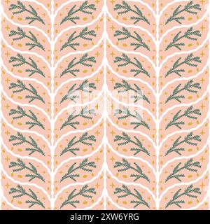 Nahtloses Muster von Weihnachtsbaumzweigen und Sternen. Tannenzweige mit Flechten im Hintergrund wiederholen. Festliche Elemente für den Winter – endloses Design. Vektorillustraten Stock Vektor