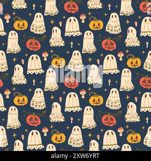 Nahtloses Halloween-Muster. Kürbisse, Feiertagsgeister wiederholen Oberflächenbedeckung. All Hallows' Eve kontinuierlicher Hintergrund. Vektor handgezeichnet flache Illustration. Stock Vektor