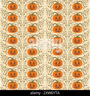 Halloween Kürbisse nahtloses Muster. All Hallows' Eve kontinuierlicher Hintergrund. Herbstfest wiederholte Oberflächenabdeckung. Jack o Laterne. Handgezeichnete Vektorgrafik. Stock Vektor