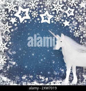 Fantasy Einhorn Weihnachten Schneeflocke Stern schneeblaue Hintergrund Grenze. Abstraktes mattiertes Dekorationsdesign für Yule, Noel, Weihnachten. Stockfoto