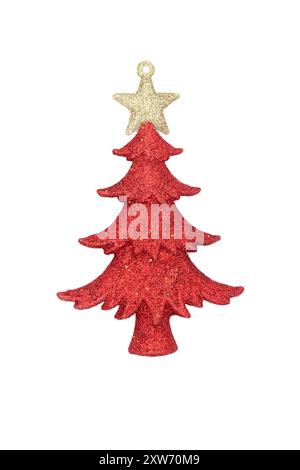 Weihnachtsbaum glitzernde Rotgold-Glitzer-Dekoration auf weißem Hintergrund. Traditionelles Symbol festliches Ornament für die Weihnachtszeit. Stockfoto