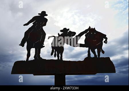 USA. ARIZONA. TUCSON. WEISSE HENGSTRANCH. SCHILD MIT STEER WRESTLING. Stockfoto