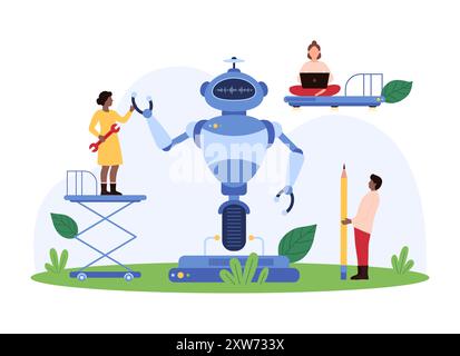 Ingenieure arbeiten an der Konstruktion eines fortschrittlichen Roboters zusammen. Ein Ingenieur benutzt einen Aufzug, ein anderer hält einen riesigen Bleistift und ein dritter arbeitet an einer Laptop-Vektor-Illustration. Stock Vektor