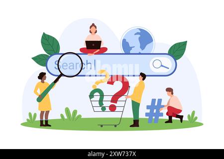 Suchabfrageanalyse, Datenaudit und Internet-Navigation. Tiny People recherchieren Suchleiste des Webbrowsers mit Lupe, tragen Fragezeichen im Korb, um Antworten Karikaturvektorillustration zu finden Stock Vektor
