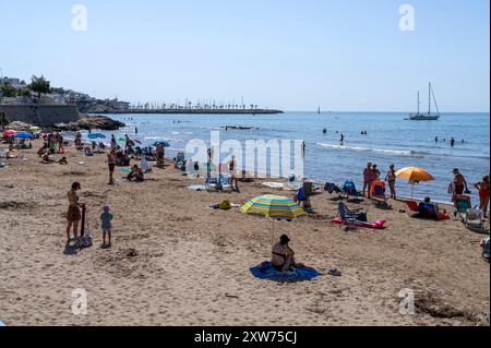 Platja de Sant Sebastia, San Sebastian Beach in Sitges, Spanien Stockfoto