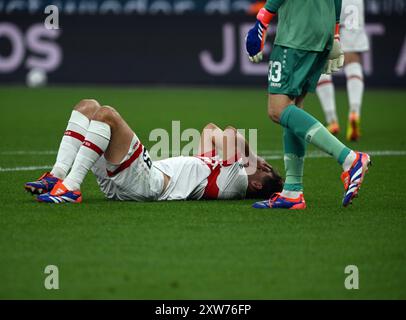 Leverkusen, Deutschland. August 2024. Fußball, DFL Supercup, Finale, Bayer Leverkusen - VfB Stuttgart, BayArena: Stuttgarter Anthony Rouault reagiert. Quelle: Bernd Thissen/dpa/Alamy Live News Stockfoto