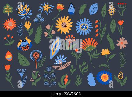 Vector Doodle abstrakte Blumen für Designs inspiriert von ukrainischer naiver Kunst Stock Vektor