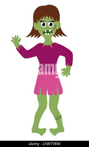 Zombie Girl. Halloween lebendig tot. Zeichentrickgrafik Flat Vector Illustration. Stock Vektor