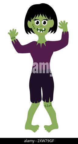 Zombie Girl. Halloween lebendig tot. Zeichentrickgrafik Flat Vector Illustration. Stock Vektor