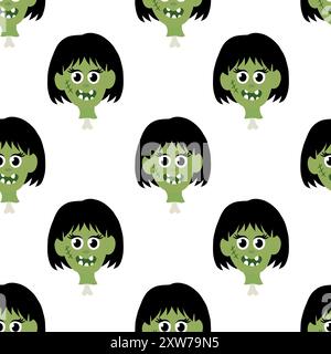 Nahtloses Muster mit Zombie Girl Kopf auf Knochen. Halloween Cartoon flache Vektor-Illustration. Stock Vektor