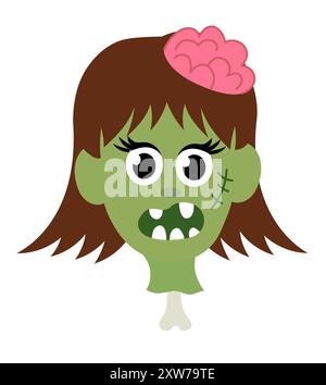 Zombie-Mädchen Kopf auf Knochen. Halloween Cartoon flache Vektor-Illustration. Stock Vektor