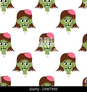 Nahtloses Muster mit Zombie Girl Kopf auf Knochen. Halloween Cartoon flache Vektor-Illustration. Stock Vektor