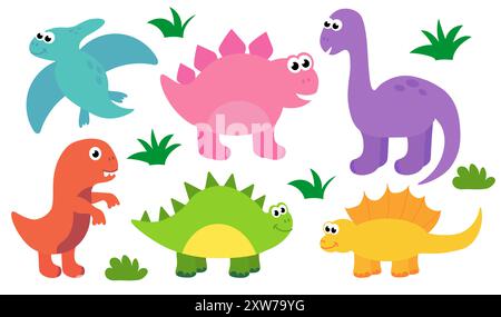 Sammlung süßer Baby-Dinosaurier. Hand gezogener Brontosaurus, tyrannosaurus, Pteranodon, Pterodactyl. Satz von flachen Karikaturvektorillustrationen isoliert Stock Vektor