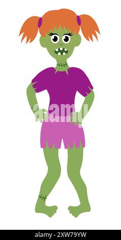 Zombie Girl. Halloween lebendig tot. Zeichentrickgrafik Flat Vector Illustration. Stock Vektor