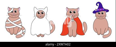 Niedliche Halloween-Katzen in Kostümen. Comicfiguren für Feiertage. Vektorabwicklungsdarstellung. Stock Vektor
