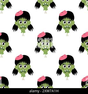 Nahtloses Muster mit Zombie Girl Kopf auf Knochen. Halloween Cartoon flache Vektor-Illustration. Stock Vektor