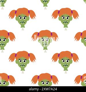 Nahtloses Muster mit Zombie Girl Kopf auf Knochen. Halloween Cartoon flache Vektor-Illustration. Stock Vektor