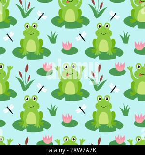 Nahtloses Muster mit niedlichen Fröschen, Libelle, Seerose, Schilf auf dem See. Hintergrund der Kinder. Illustration der Vektorabwicklung. Stock Vektor