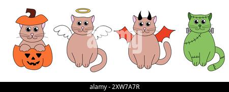 Niedliche Halloween-Katzen in Kostümen. Feiertagszeichen. Vektorabwicklungsdarstellung. Stock Vektor