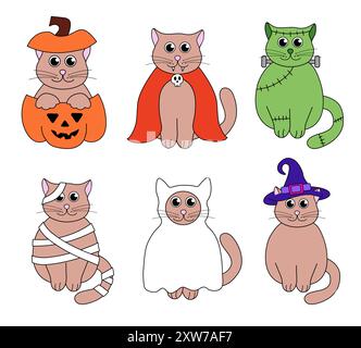 Niedliche Halloween-Katzen in Kostümen. Comicfiguren für Feiertage. Vektorabwicklungsdarstellung. Stock Vektor