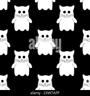 Nahtloses Muster mit niedlichem Halloween-Geist in Kostüm Cat. Feiertags-Zeichentrickfigur auf schwarzem Hintergrund. Vektorabwicklungsdarstellung. Stock Vektor