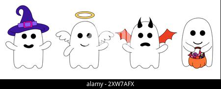 Niedliche Halloween-Geister in Kostümen. Comicfiguren für Feiertage. Vektorabwicklungsdarstellung. Stock Vektor