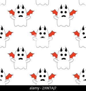 Nahtloses Muster mit niedlichem Halloween-Geist im Kostüm Dämon. Feiertagszeichen. Vektorabwicklungsdarstellung. Stock Vektor