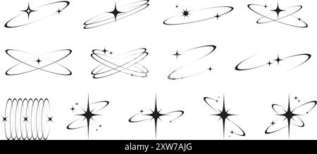 Y2K Ikonen von Sternformen glänzende Glitzerelemente. Abstraktes Retro-Minimal-Twinkles mit kosmischen Orbits. Minimale moderne futuristische Figuren isoliert auf Stock Vektor