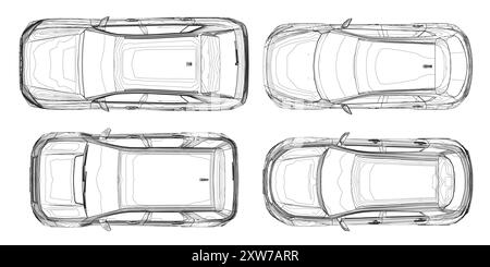 Konturensatz verschiedene Modelle von Autos. Vektorabwicklungsdarstellung. Illustration des Fahrzeugvektors von oben. Stock Vektor