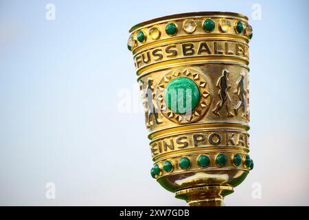 16. August 2024, Baden-Württemberg, Ulm: Fußball: DFB-Cup, SSV Ulm 1846 - Bayern München, 1. Runde, Donaustadion. Der DFB Cup ist vor Spielbeginn im Stadion. Foto: Tom Weller/dpa Stockfoto