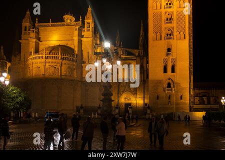 Sevilla, Andalusien, Spanien - 23. Oktober 2023: Kathedrale von Sevilla bei Nacht beleuchtet und Menschen auf dem Platz der Stadt Virgen de los Reyes. Stockfoto