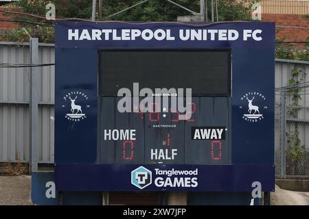 Eine allgemeine Ansicht der Anzeigetafel während des Spiels der Vanarama National League zwischen Hartlepool United und Southend United im Victoria Park, Hartlepool am Samstag, den 17. August 2024. (Foto: Mark Fletcher | MI News) Stockfoto