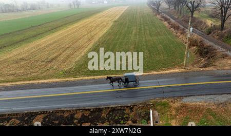 Eine Amish-Pferdekutsche fährt stetig eine Landstraße entlang, umgeben von Feldern unter einem nebeligen Himmel. Stockfoto