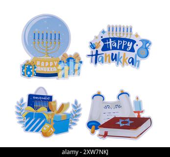 Festliche Hanukkah-Dekoration mit Menora und Geschenkboxen Stockfoto