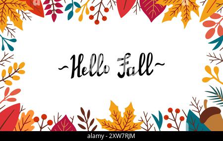 Rechteckiger Rahmen für den Herbst. „Hallo Herbstschriftzug“. Herbstlaub-Rahmen im Doodle-Stil. Zeichentrickdarstellung Stock Vektor