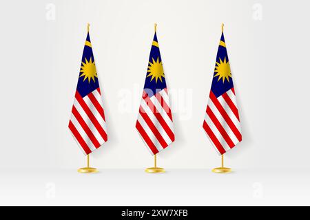 Drei malaysische Flaggen hintereinander auf einem goldenen Stand, Illustration einer Pressekonferenz und anderer Treffen. Vektorabbildung. Stock Vektor