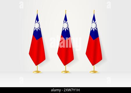 Drei Taiwan-Flaggen in Folge auf einem goldenen Stand, Illustration einer Pressekonferenz und anderer Treffen. Vektorabbildung. Stock Vektor