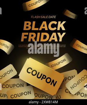 3D unbegrenzt fallende goldene Coupons auf schwarzem Hintergrund. Werbebanner für Geschenkgutscheine am Black Friday. Poster für Rabattveranstaltungen. 3D-Vektordarstellung. Vektorabbildung Stock Vektor