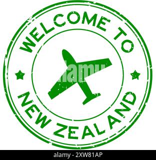 Grunge Green Willkommen in neuseeland mit Flugzeugsymbol rundem Gummisiegelstempel auf weißem Hintergrund Stock Vektor