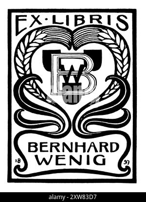 1897 persönliche Büchertafel mit Monogramm, eingerahmt von Jugendstilgrenze des deutschen Bildhauers, Dekorationskünstlers, Illustrators und Malers Bernhard Wenig Stockfoto
